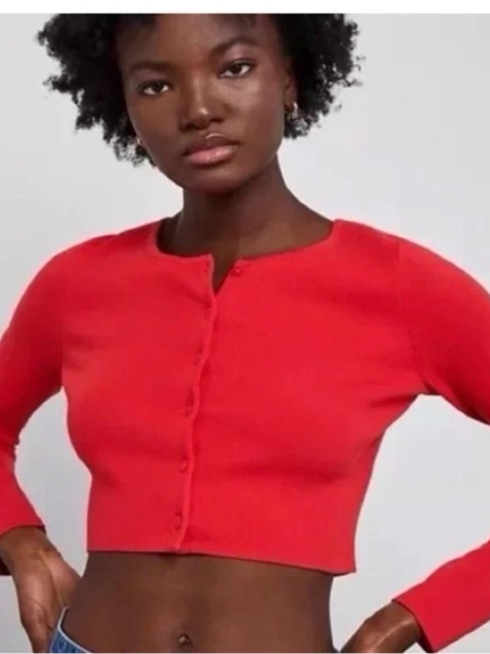 Women's Red Cropped Button-Up Long Sleeve Top